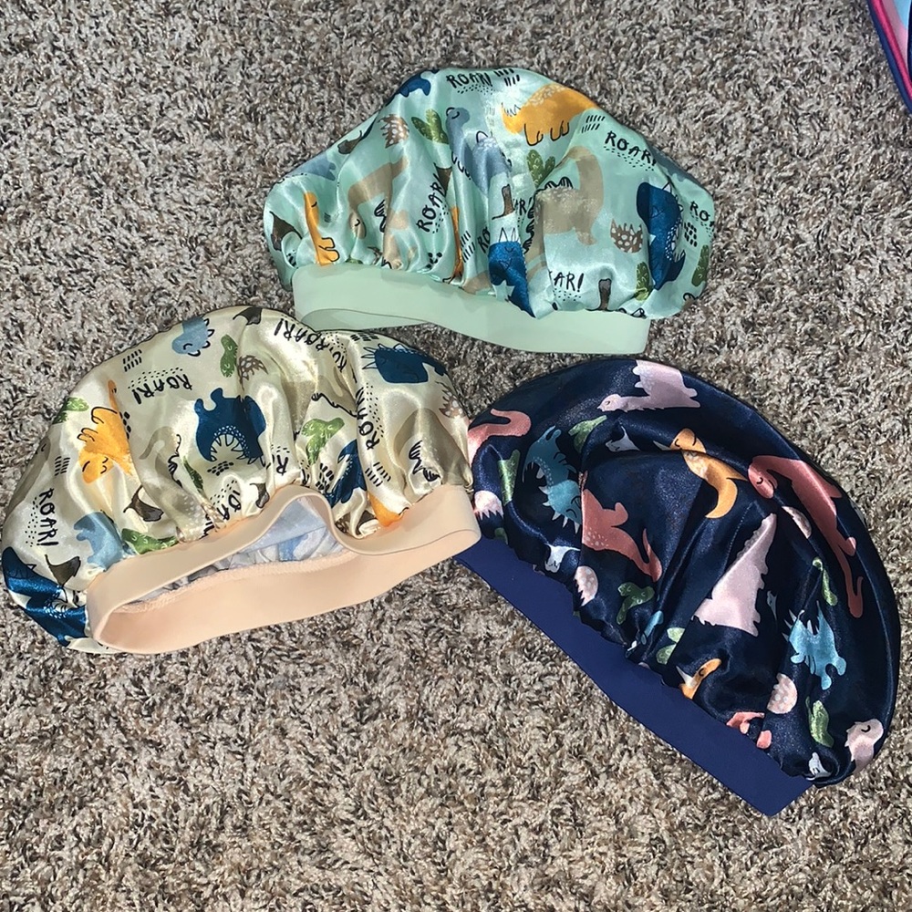 Set of 3 baby/toddler dinosaur satin bonnets